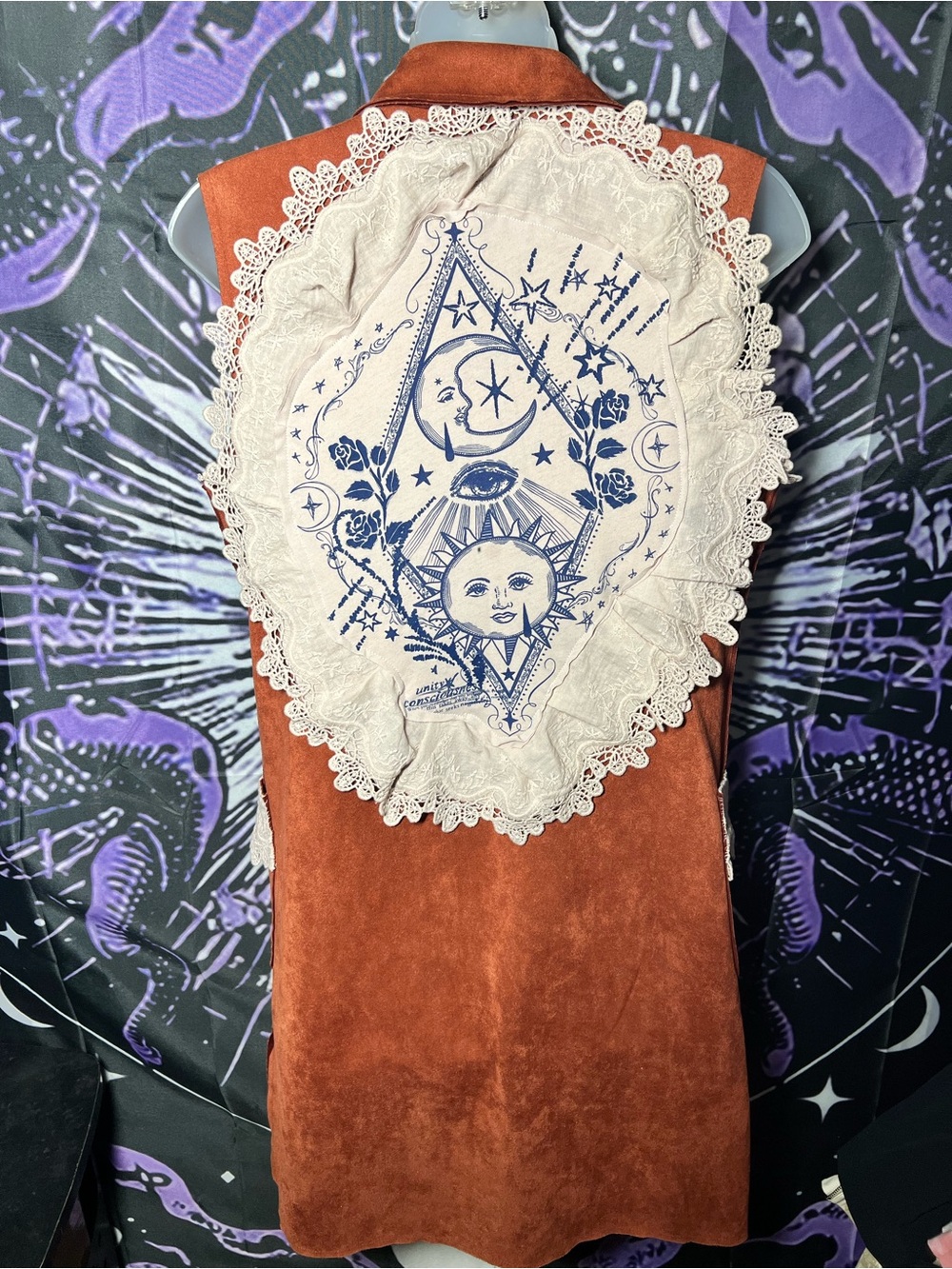 NWOT Up cycled Solitaire Rust Suede Vest with Ivory Lace Celestial Back